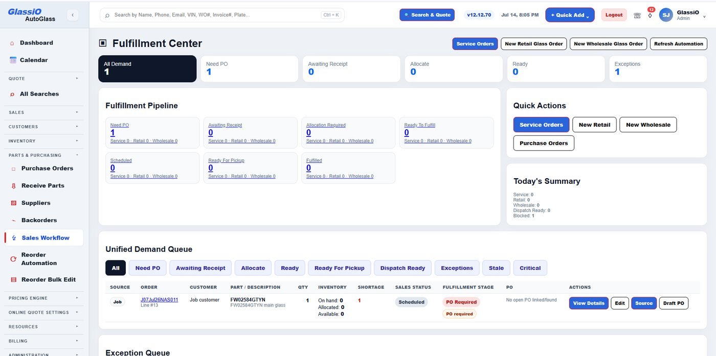 Fulfillment Center — unified demand queue across service, retail, and wholesale orders